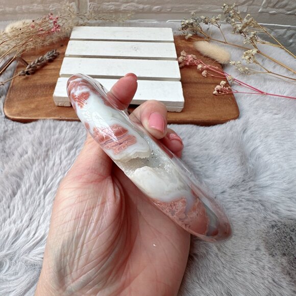 Beautiful Large Cotton Candy Pink Agate Druzy Moon with Stand - Picture 5 of 8